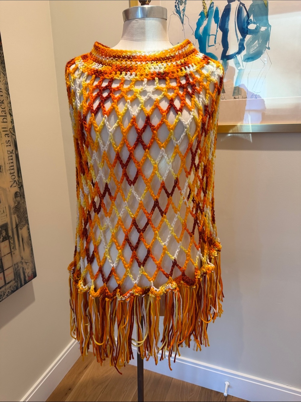 Vintage Handmade Open-Knit Fringe Sweater Poncho in Orange Multi